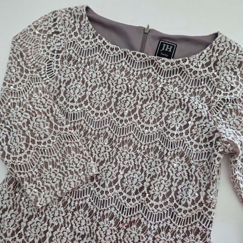 JH Evenings Sheath Dress Taupe Mauve Lace Sequin Cocktail Womens 8